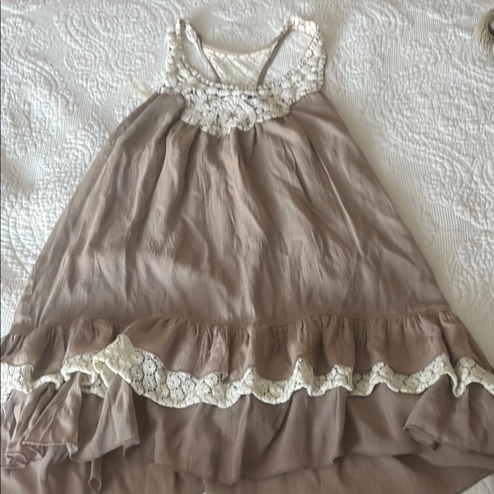 3/$30 Chic Taupe Dress with Lace Accents